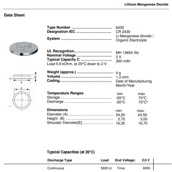 Varta 6430 101 401 CR2430 3V lithium battery